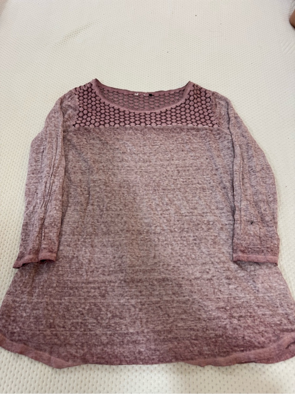 100% Linen - Women's Dusty Mauve Knit Top with Lace Yoke